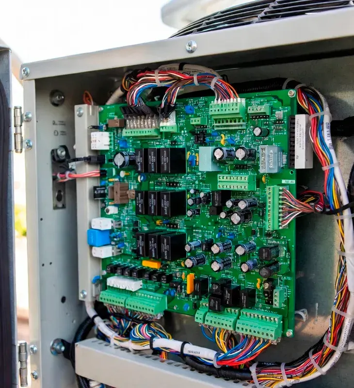 Close-up of modern HVAC system control board with wiring in Malibu installation
