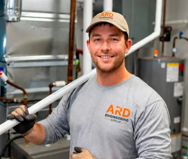 Friendly professional HVAC technician in ARD Engineering Group uniform holding pipe in mechanical room, Santa Clarita