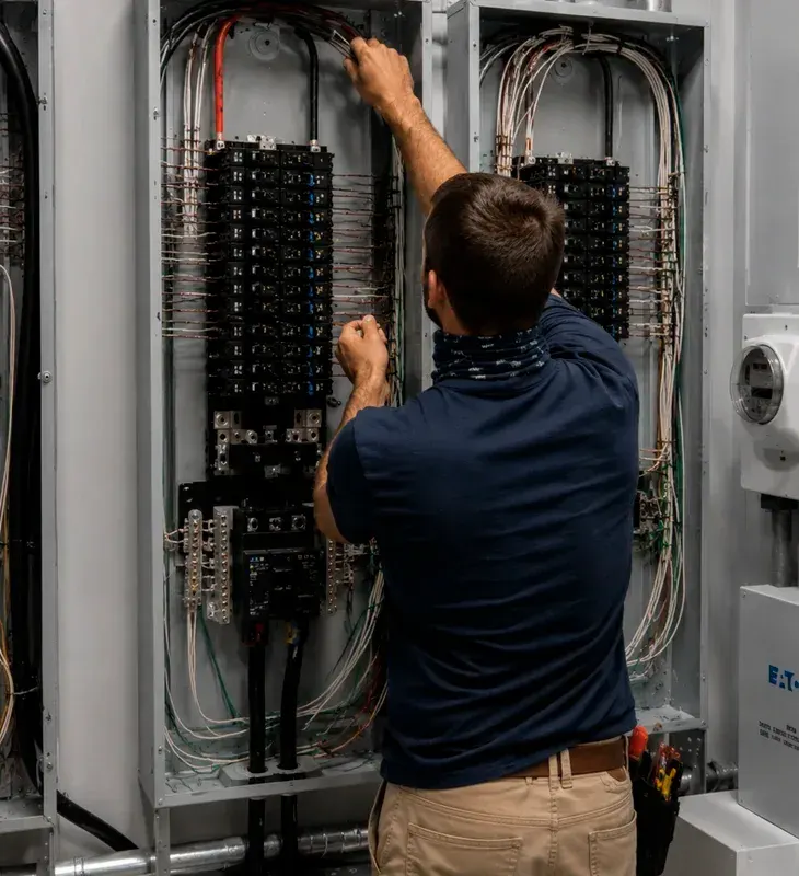 Professional electrician working on a large commercial-grade electrical panel with extensive wiring in Van Nuys, CA. Expert HVAC and home electrical installation.