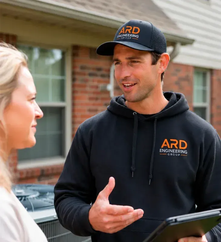 Friendly ARD Engineering Group technician explaining AC repair options to a homeowner in Agoura Hills, CA.