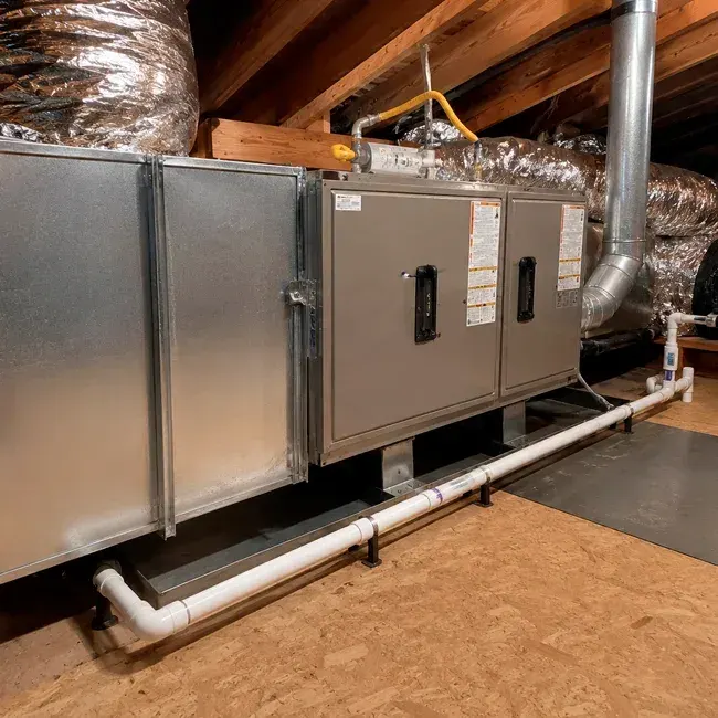Professional installation of high-efficiency air handlers with extensive ductwork in the attic of a luxury home in Malibu, CA. Complete heating and cooling system setup.