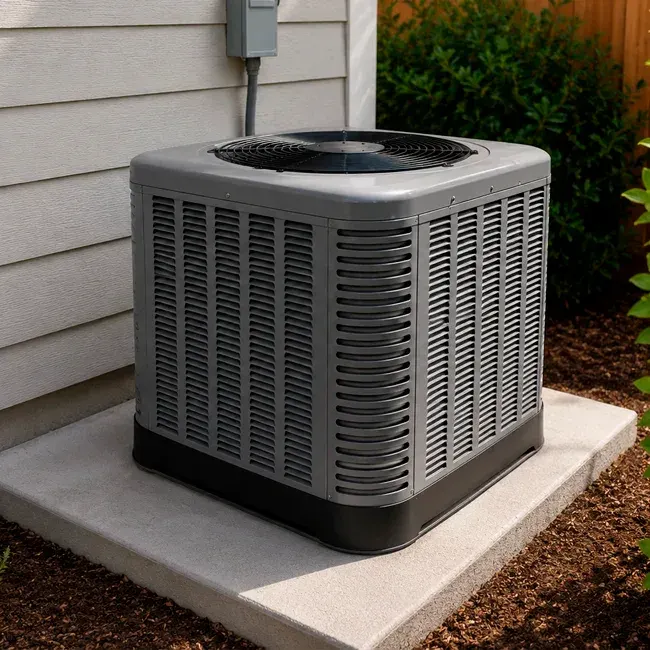 New high-efficiency outdoor heat pump unit professionally installed on a concrete pad next to a home in Agoura Hills, CA. Part of a complete heating and cooling system.