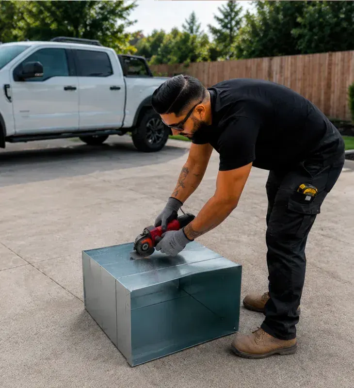 Professional HVAC technician fabricating custom metal ductwork with angle grinder in Malibu, CA