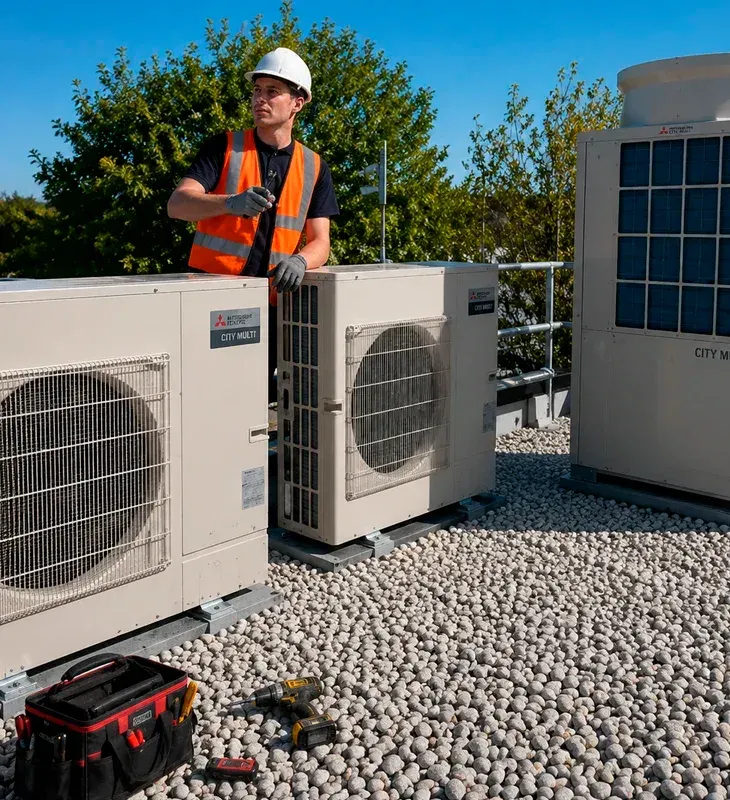 Professional HVAC technician in safety gear standing on a rooftop among multiple high-efficiency heat pump units in Van Nuys, CA. Commercial or multi-unit HVAC installation.