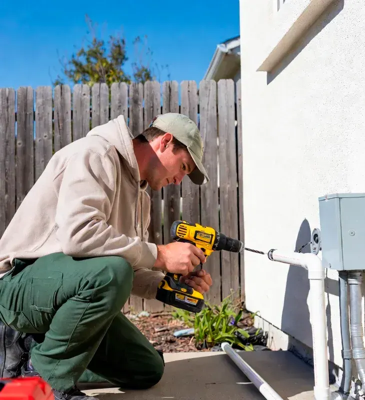 Professional HVAC technician using cordless drill to install piping and electrical conduit on residential exterior in Santa Clarita