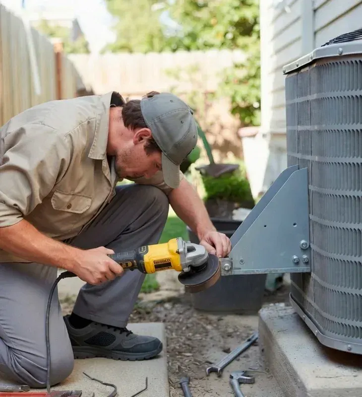 Professional HVAC technician using angle grinder to install mounting bracket on outdoor air conditioning unit in Oxnard, California