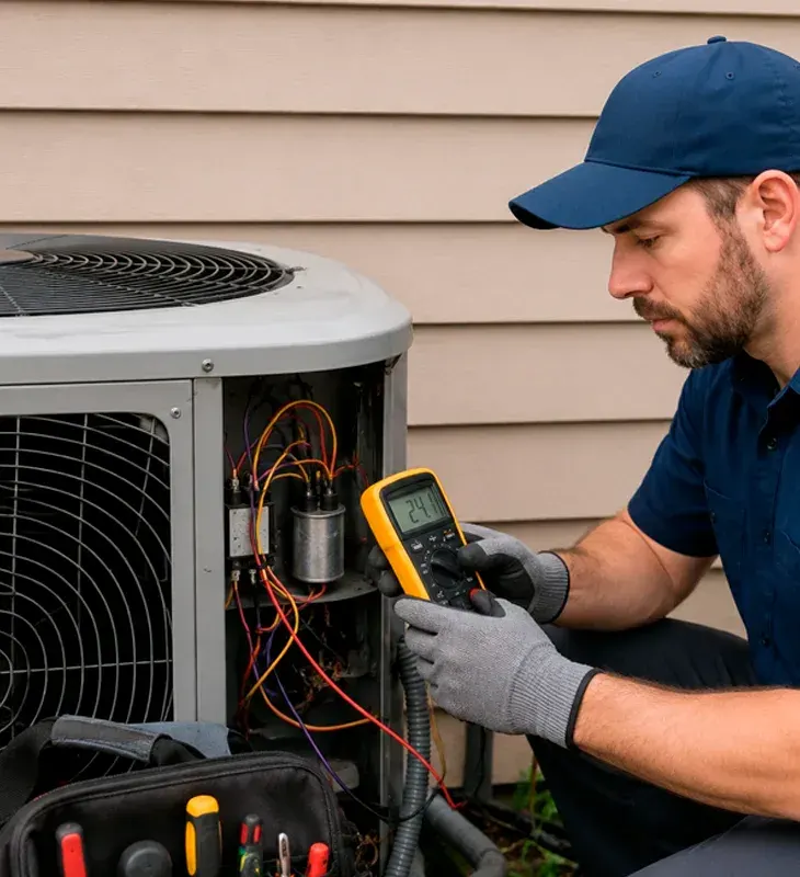 Professional HVAC technician using a digital multimeter to perform electrical diagnostics on a high-efficiency outdoor heat pump unit in Simi Valley, CA.