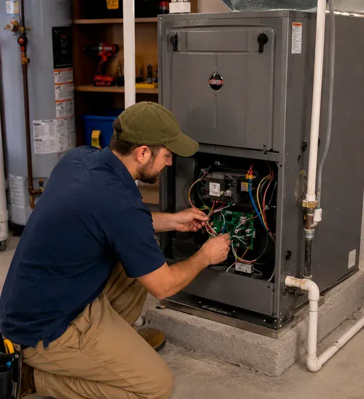 Complete high-efficiency heating system installation in Calabasas, CA. New furnace and water heater with professional ductwork and piping in a residential utility room.