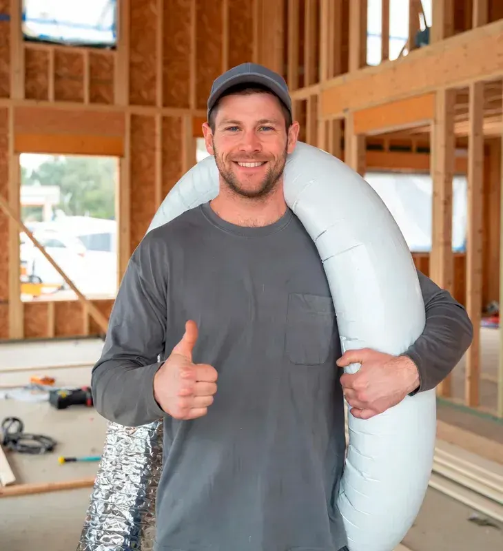 Friendly HVAC technician holding flexible duct and giving thumbs up at new home construction site in Van Nuys, California