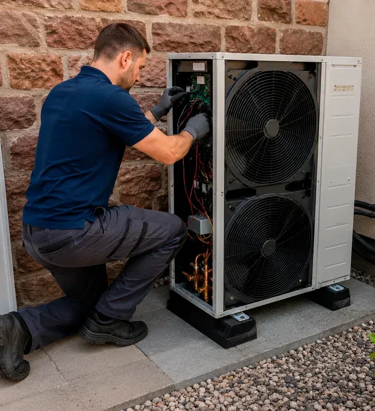 Professional HVAC technician kneeling and performing service on an outdoor heat pump unit in Camarillo, CA. Expert maintenance with tools and access to internal components.
