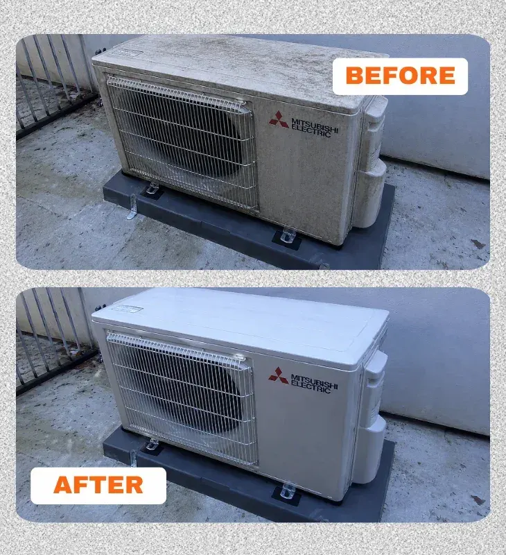 Before and after replacement of old dirty Mitsubishi air conditioning unit in Van Nuys, CA