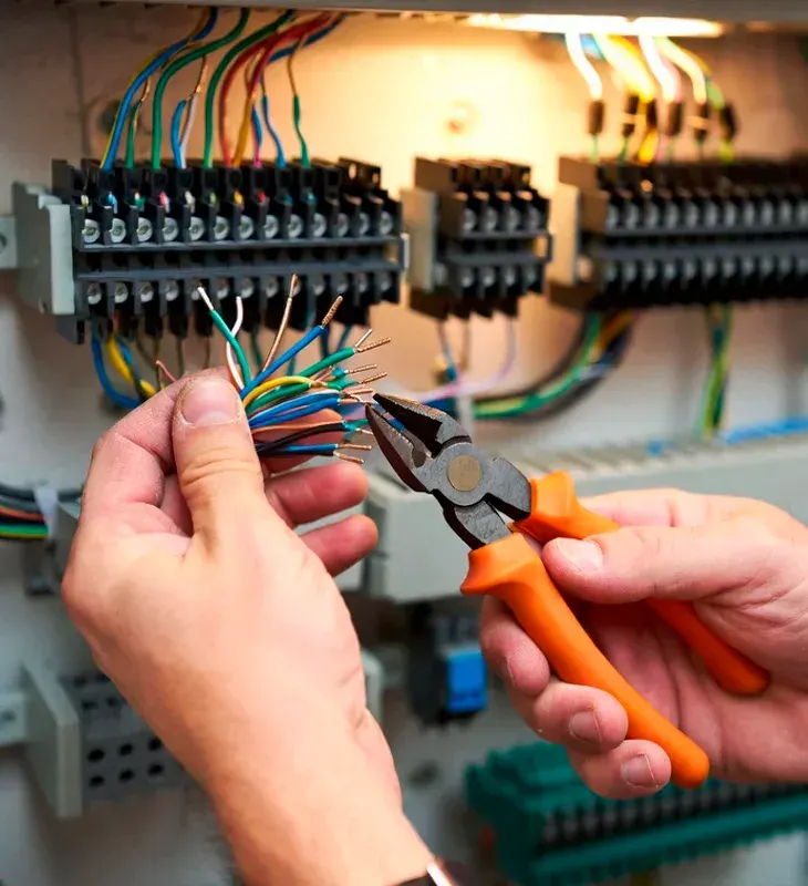 Electrician hands using pliers to strip and install colorful wires in an electrical panel for HVAC system in Malibu, CA. Professional electrical work.
