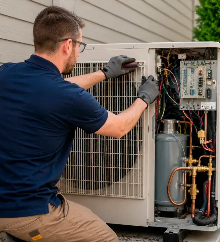 HVAC technician performing maintenance and service on a high-efficiency outdoor heat pump unit in Agoura Hills, CA. Expert repair and installation work.