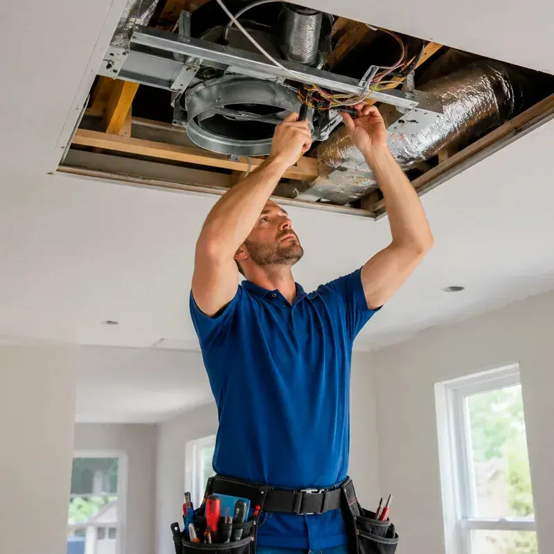 Professional technician installing a whole house fan in the ceiling during home construction or retrofit in Los Angeles, CA. Energy-efficient ventilation solution.