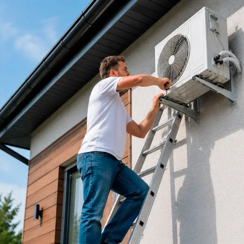 Professional technician on a ladder installing a heat pump outdoor unit during home construction in Los Angeles, CA.