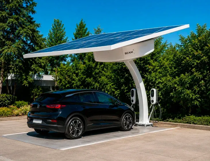 Modern solar-powered carport with EV chargers and electric vehicle in Camarillo, CA. Integrated solar and EV infrastructure.
