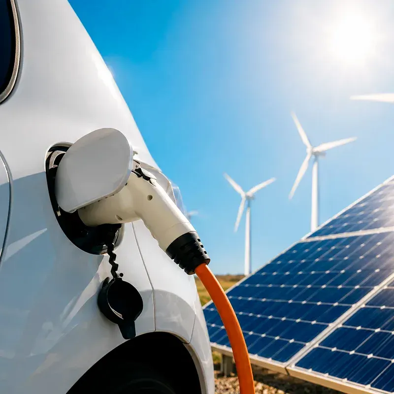Electric vehicle charging with solar panels and wind turbines in the background, representing integrated solar and EV services in Malibu, CA.