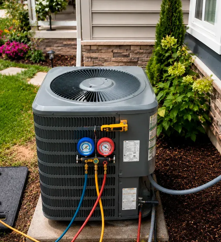 Air conditioning maintenance and refrigerant testing for a residential HVAC system in Fontana, CA.