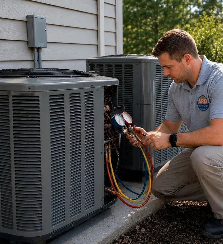 HVAC technician checking refrigerant pressure and servicing residential air conditioning units in Covina, CA.