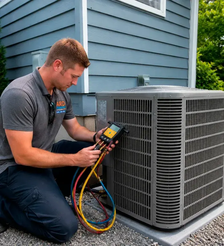 HVAC technician checking refrigerant pressure on a residential air conditioning system in Hesperia, CA.