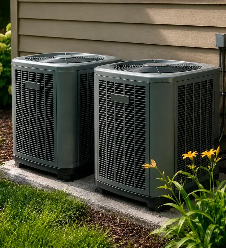 Two residential outdoor HVAC units installed beside a home in Apple Valley, CA.