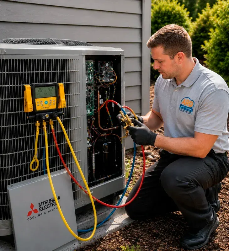 HVAC technician servicing and diagnosing an outdoor air conditioning system in Chino, CA.