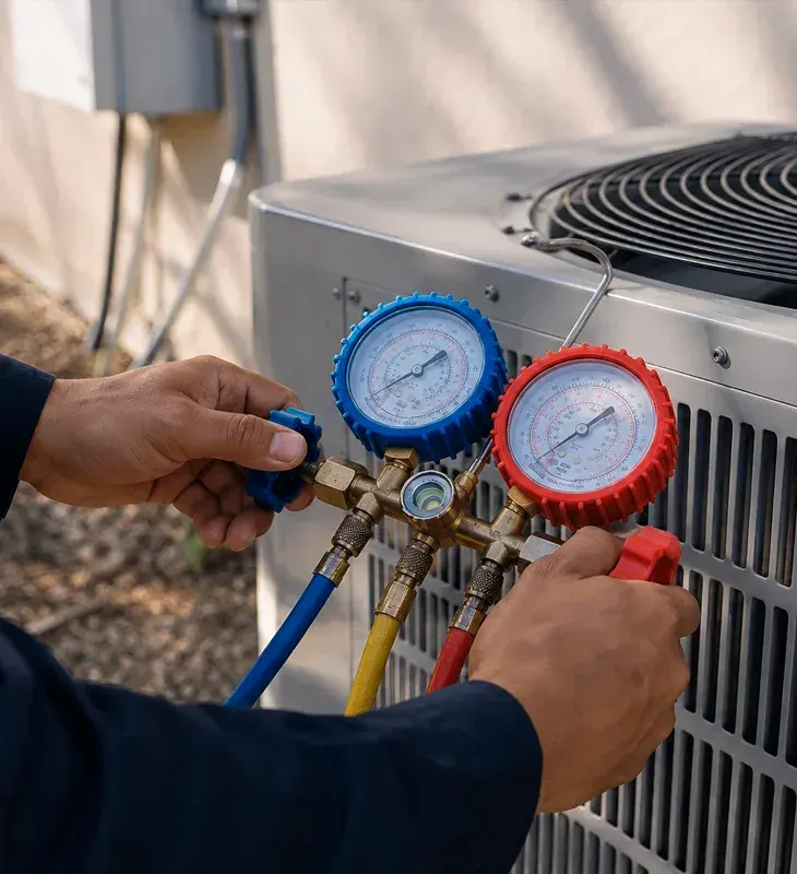 HVAC technician checking refrigerant pressure on an air conditioning system in Riverside, CA