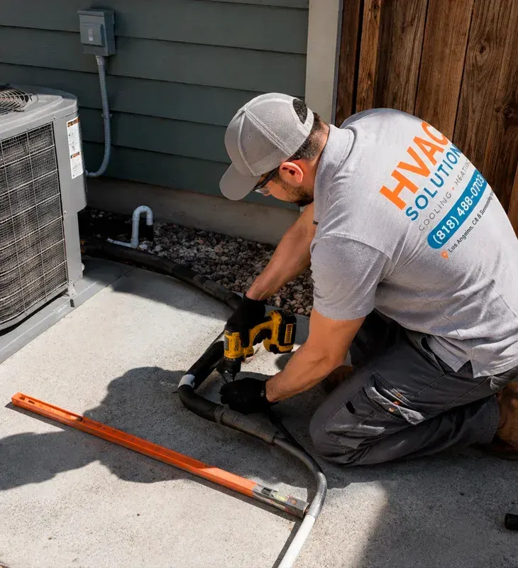 HVAC technician installing refrigerant lines for air conditioning system in Rialto, CA