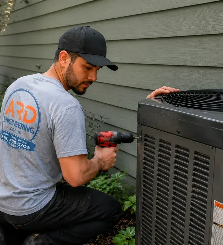 HVAC technician servicing an AC unit in Pomona, CA