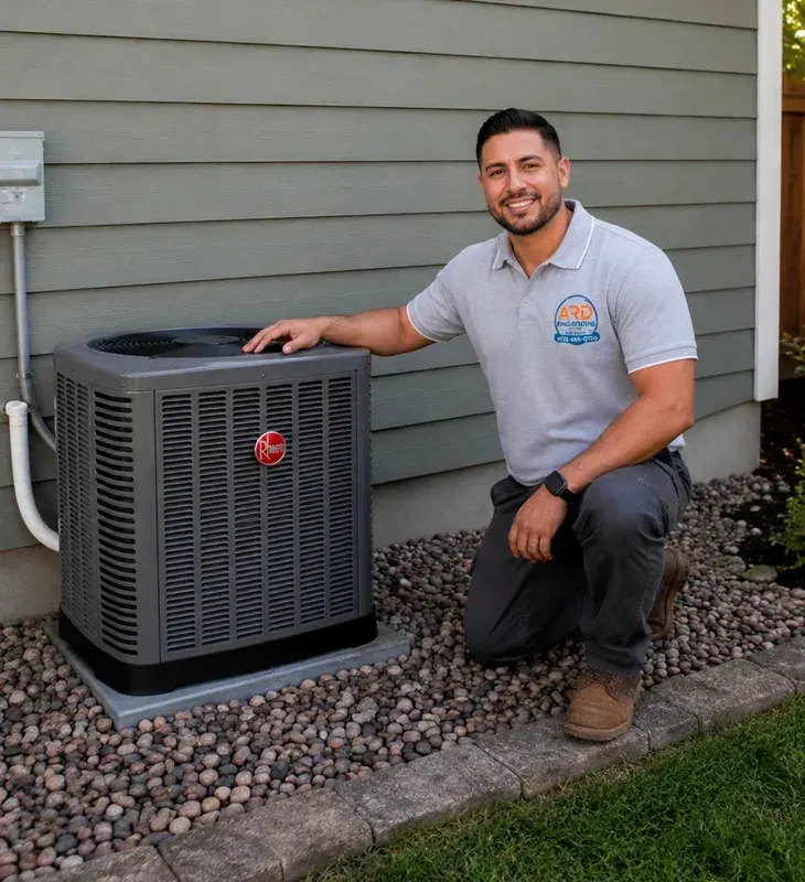 HVAC technician with residential AC system in Rancho Cucamonga, CA