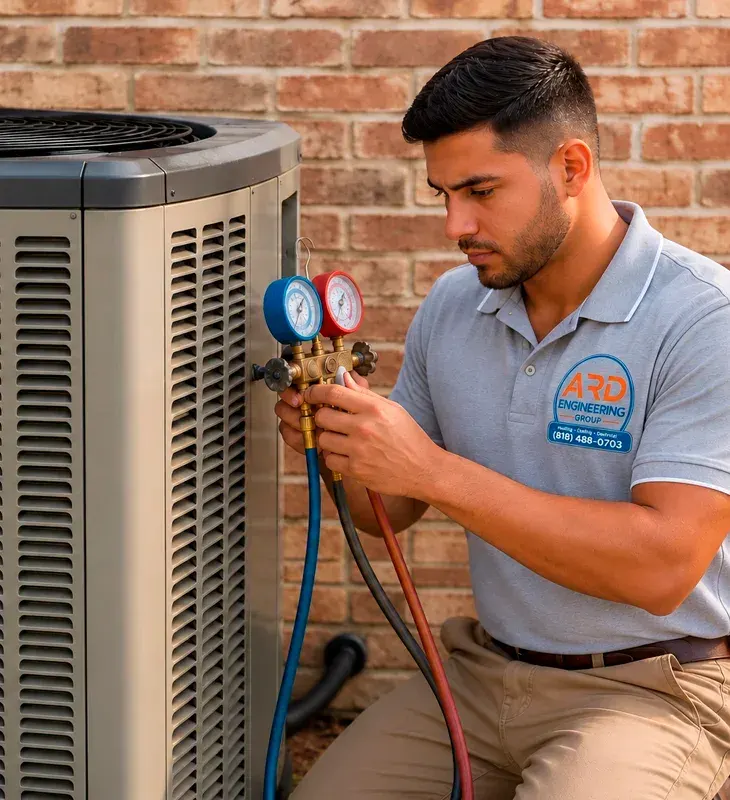 HVAC technician checking AC refrigerant pressure in Victorville, CA
