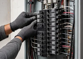 Electrician repairing a residential circuit breaker panel