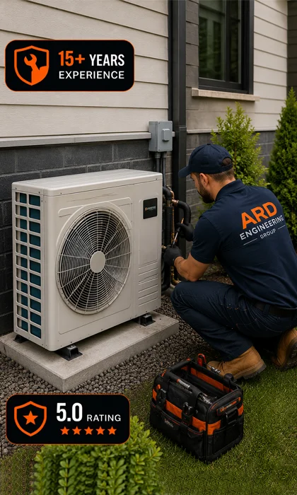 ARD Engineering Group technician installing and servicing residential heat pump mini split HVAC system