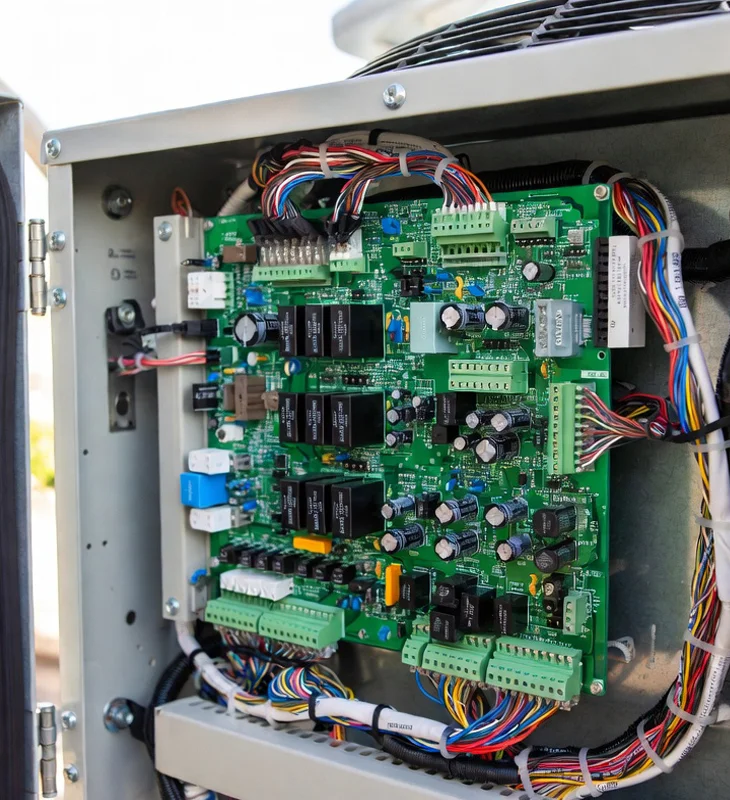 Close-up of modern HVAC system control board with wiring in Malibu installation
