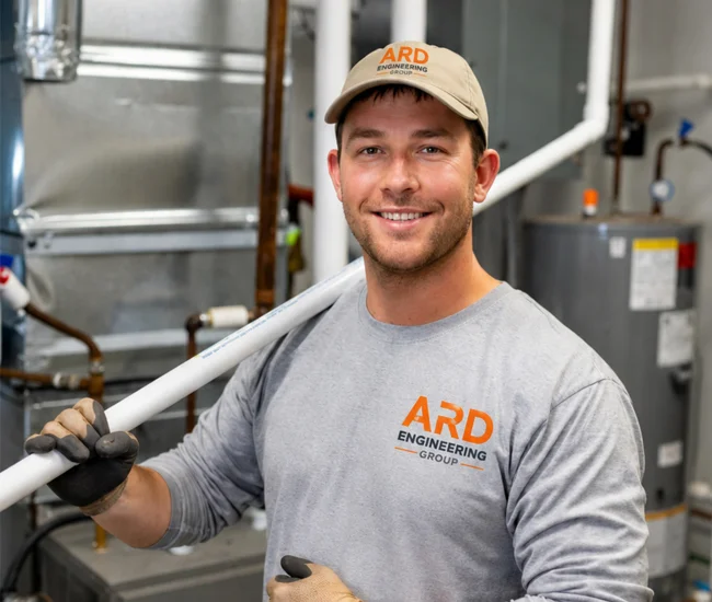 Friendly professional HVAC technician in ARD Engineering Group uniform holding pipe in mechanical room, Santa Clarita