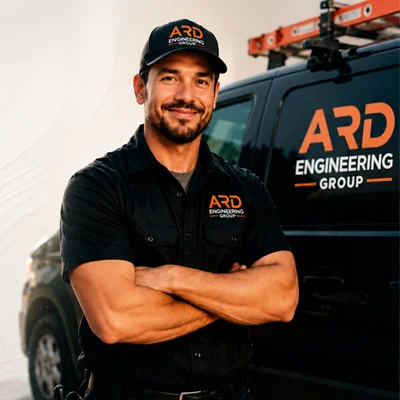 ARD Engineering Group technician standing next to company service van