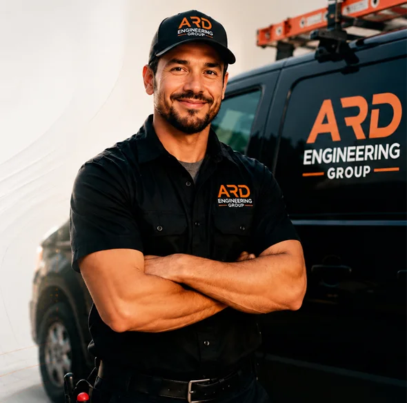 ARD Engineering Group technician standing next to company service van