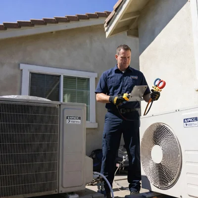 HVAC technician replacing ductless air conditioner outdoor units in Los Angeles, California.