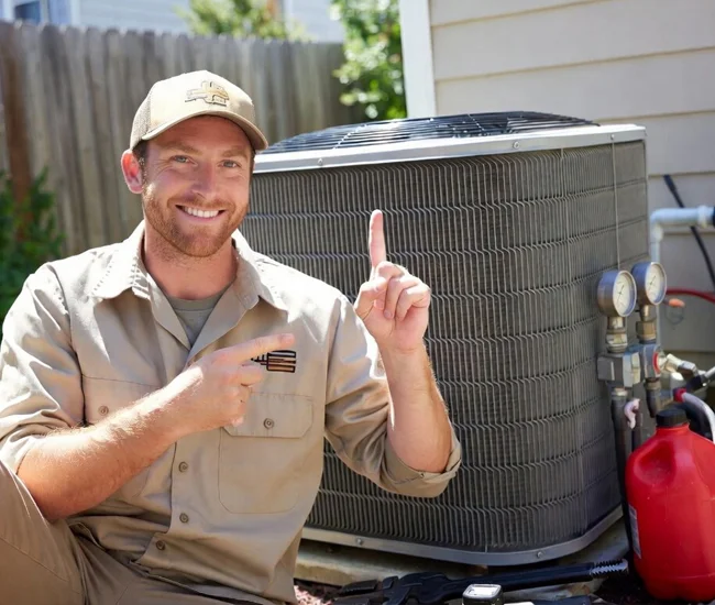 Smiling HVAC technician in uniform pointing up next to outdoor air conditioning unit in Simi Valley