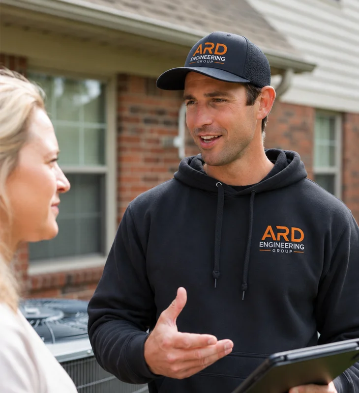 Friendly ARD Engineering Group technician explaining AC repair options to a homeowner in Agoura Hills, CA.