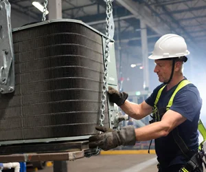 Professional technician in safety gear installing large HVAC condenser unit with lifting equipment in Malibu