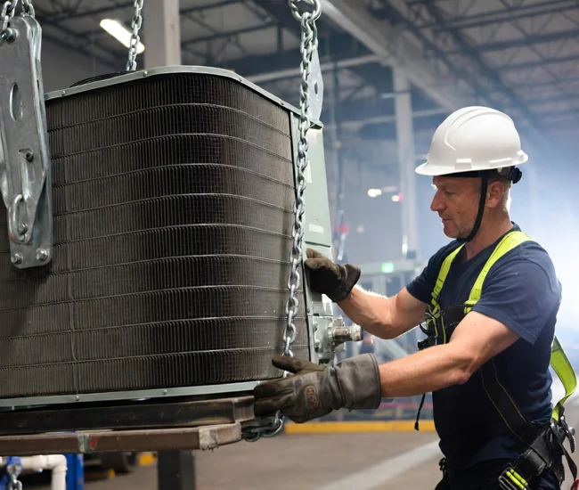 Professional technician in safety gear installing large HVAC condenser unit with lifting equipment in Malibu