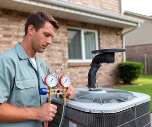 Professional AC technician checking outdoor air conditioner unit pressure in Agoura Hills, CA.