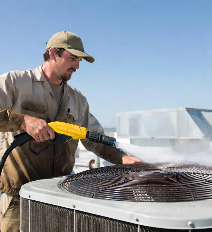 Professional HVAC technician pressure washing outdoor air conditioning unit coils on rooftop in Thousand Oaks
