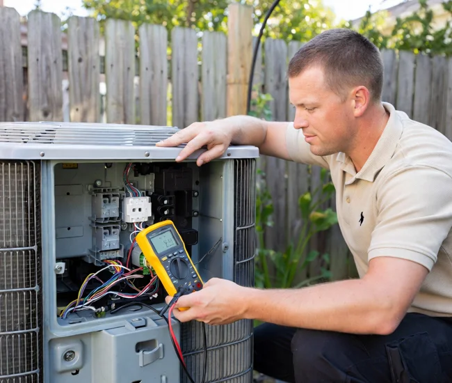 Professional HVAC technician using digital multimeter to diagnose air conditioning unit in Oxnard, California