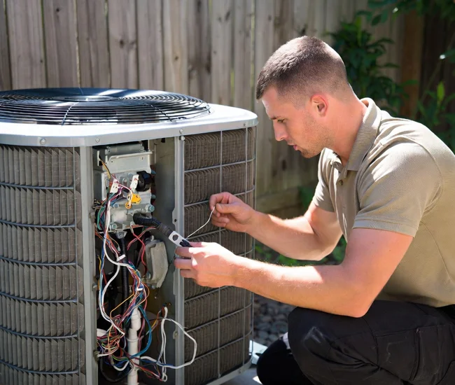 Professional HVAC technician performing electrical diagnostics and repair on outdoor air conditioning unit in Van Nuys, California