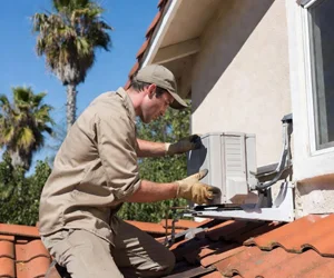 HVAC technician installing air conditioning unit on red tile roof in Calabasas, California