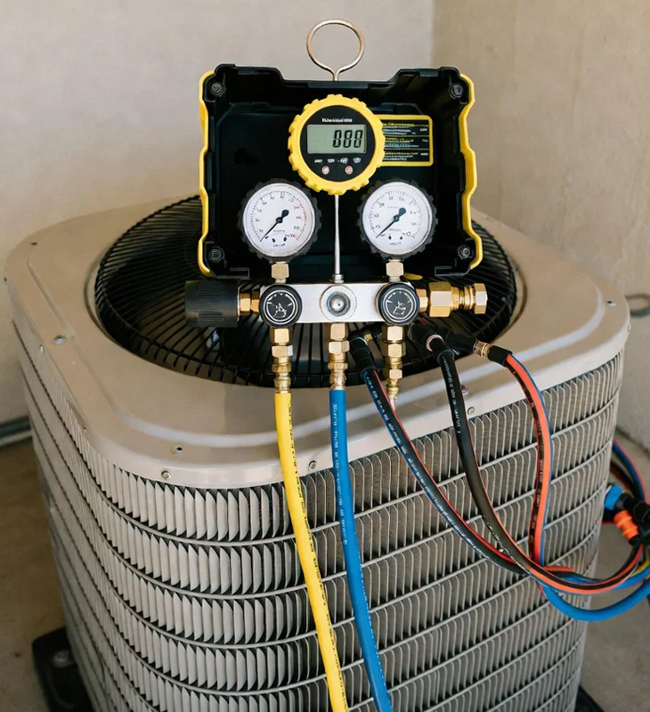 Professional digital manifold gauges connected to outdoor air conditioning unit during service in Westlake Village, California