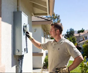 Professional HVAC technician turning on electrical disconnect switch for air conditioning system in Camarillo, California