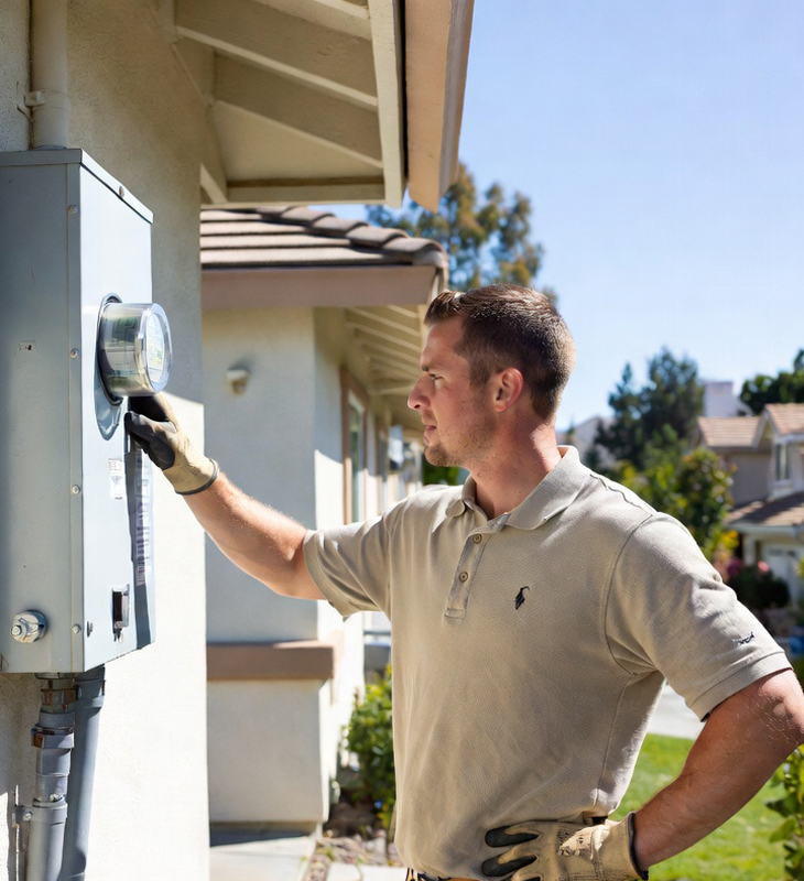 Professional HVAC technician turning on electrical disconnect switch for air conditioning system in Camarillo, California